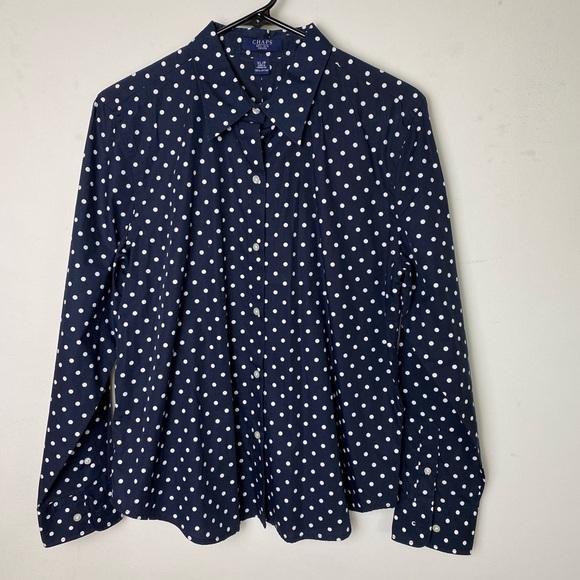 Chaps Blue and White Tie Front Blouse with Mandarin Collar - Picture 1 of 6